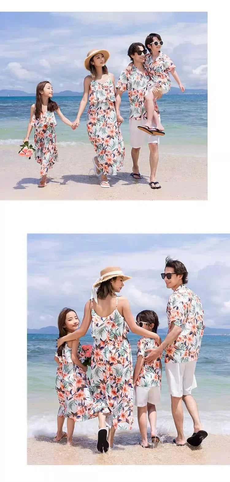 Family Look Vacation Beach Clothing Mom Daughter Sleeveless Dress Dad Son Matching Floral Shirt Set Parent Child Holiday Clothes