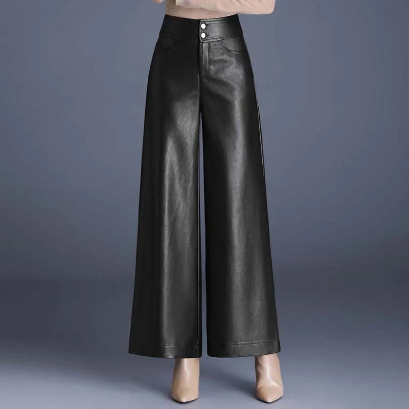 ZUZK High Quality Women PU Leather Wed Leg Pants  Autumn Winter Fashion Warm Long Leather Pants Elegant LeatherTrousers