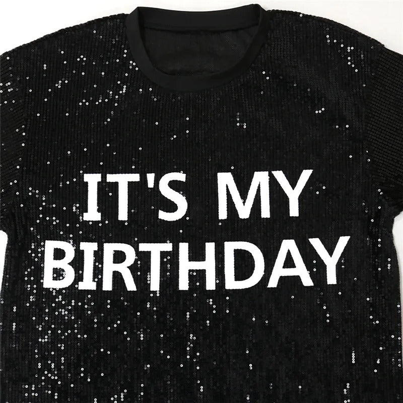 Summer Women 2023 Casual It's My Birthday Letter Print Glitter Sequins Party Dress Half Sleeve Loose O Neck T Shirt Dress Black