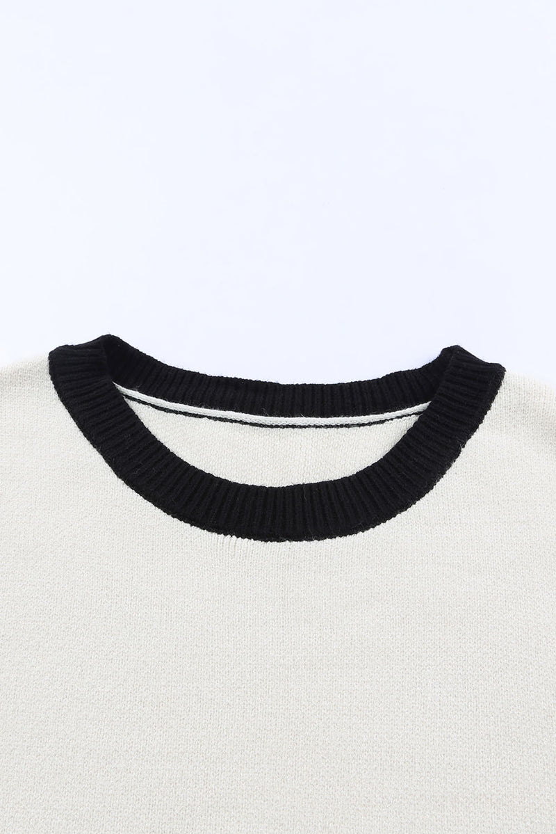 White Leopard Sleeves Contrast Neckline Drop Shoulder Sweater