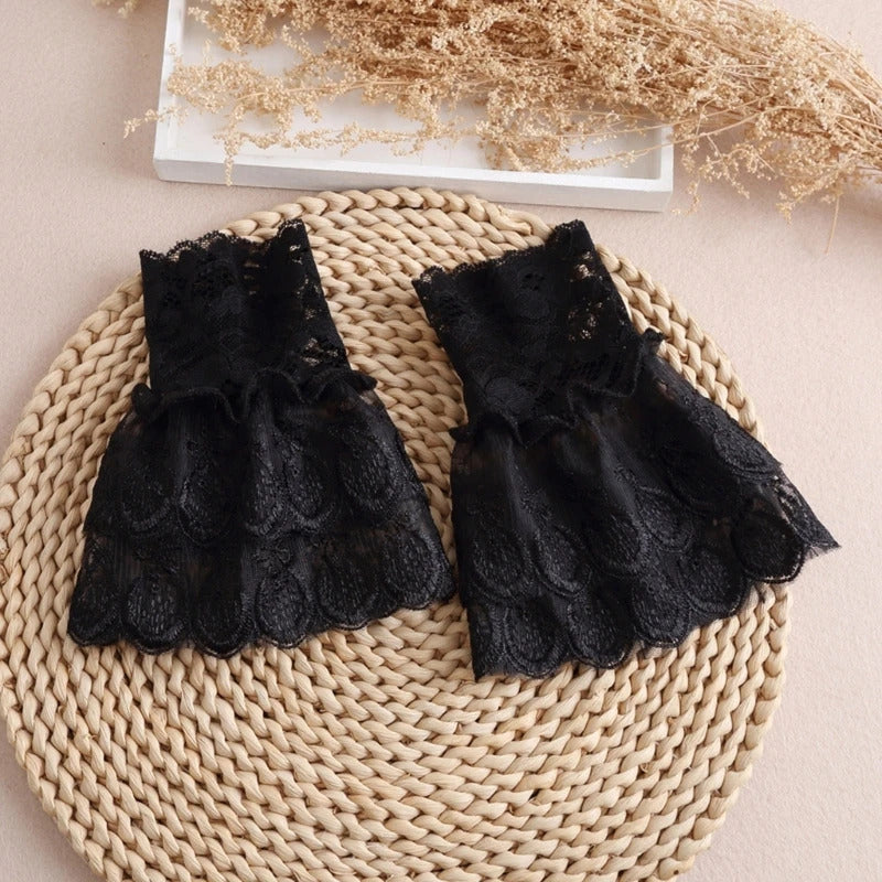 Female Sweater Fake Sleeves Hollow Out Crochet Floral Lace Horn Cuffs Embroidery Flounces Ruffles Elastic Wrist Warmers