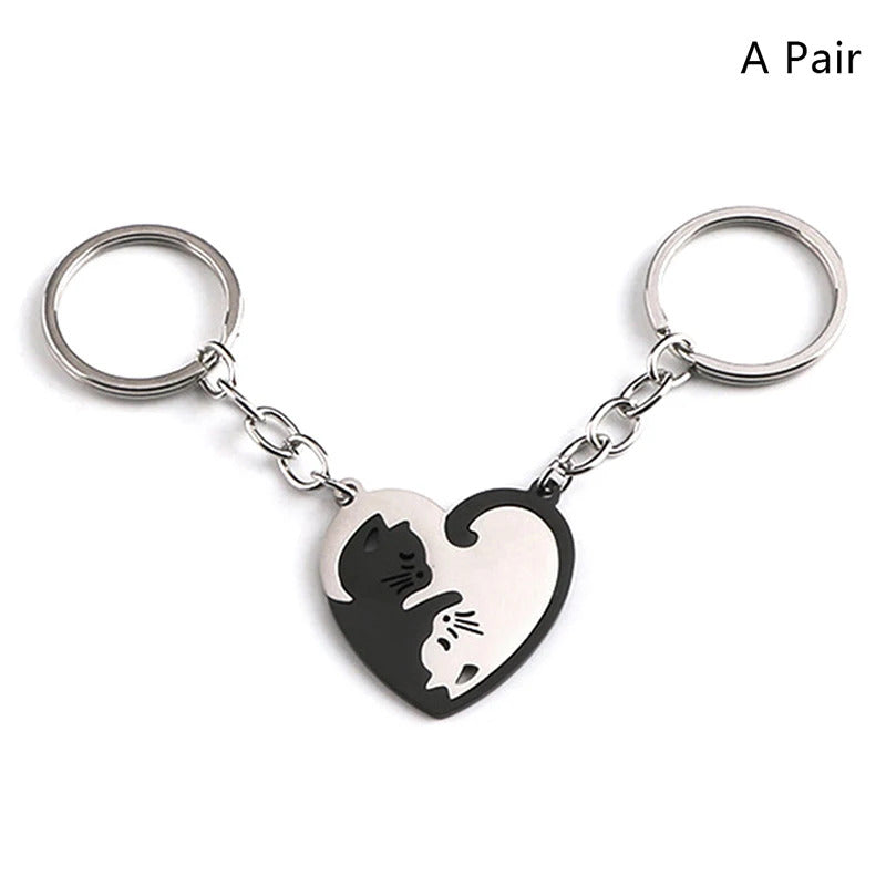 Cute Hug Cat Keychain Creative Patchwork Heart Round Keyring Couple Lovers Key Chains Bag Pendant Car Keyholder Accessories Gift