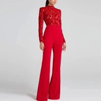 Embroidery Lace Red Jumpsuits Women Sexy Slim Long-sleeved Belt High Waist Jumpsuit Female 2024 INS Casual Lady Party Rompers