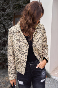 Leopard Print Zipper Lapel Collar Jacket