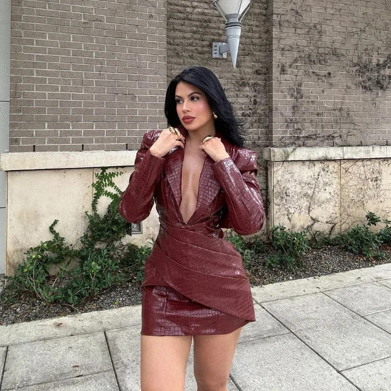 Sexy Deep V Neck Burgundy Leather Dress Women Long Sleeve High Waist Fold Slim Mini Dresses 2024 New Lady Highstreet A-line Robe