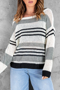 Gray Loose Fit Striped Pattern Sweater