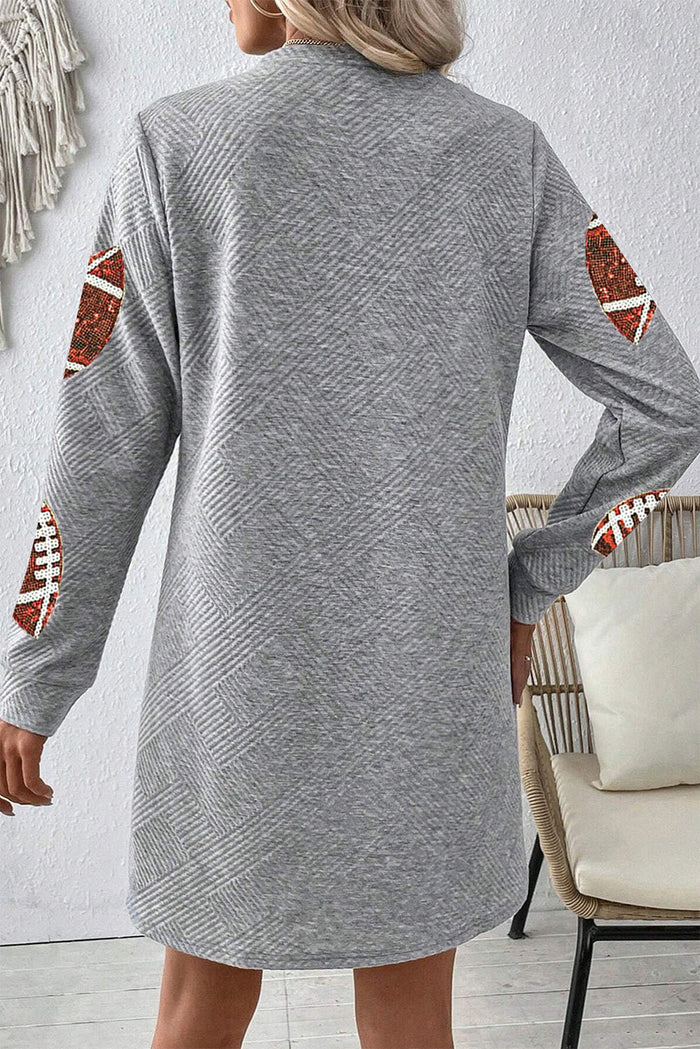 Gray Sequin Rugby Football Graphic Textured Long Sleeve Shift Mini Dress