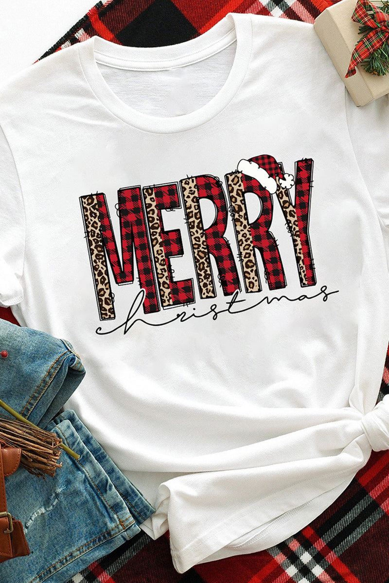 White Plaid Leopard MERRY Christmas Print T Shirt