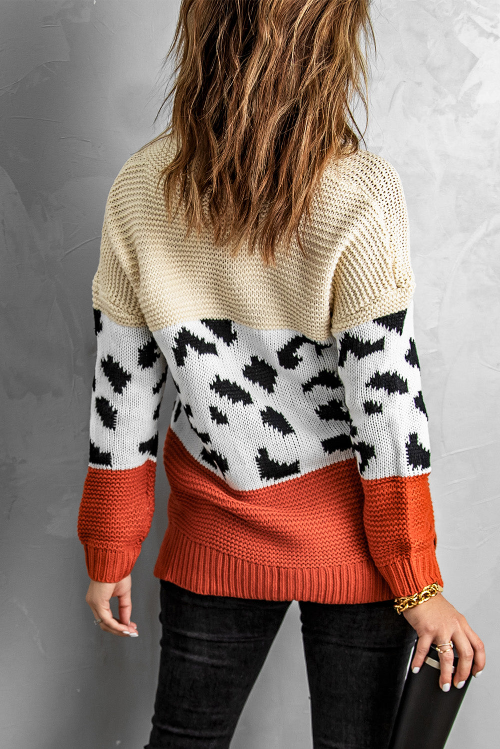 Apricot Turtleneck Splicing Chunky Knit Pullover Sweater