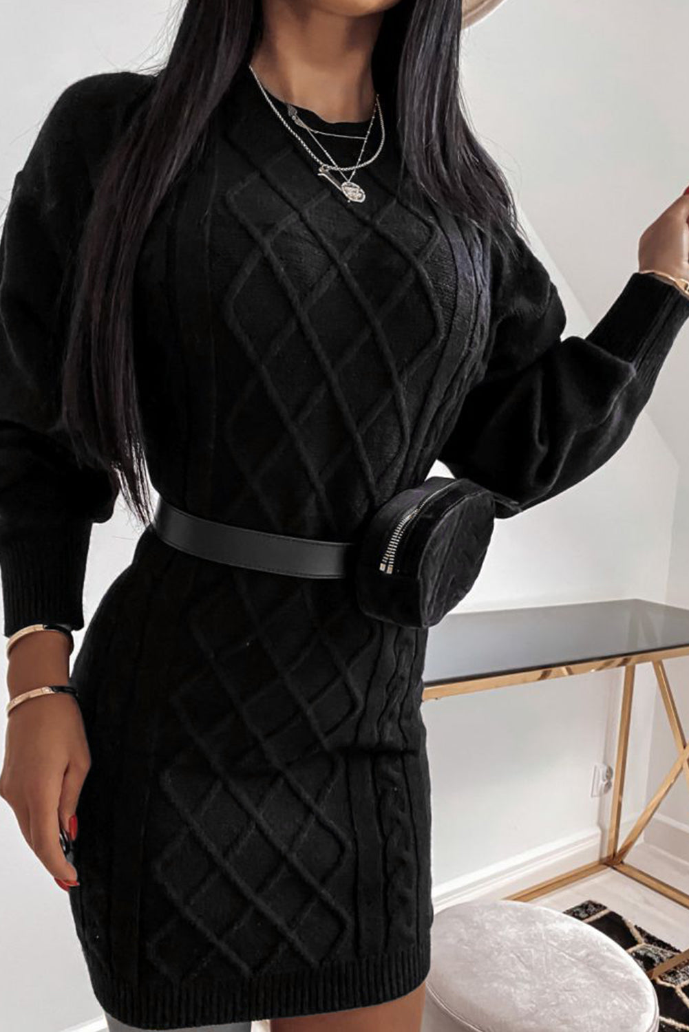 Black Geometric Texture Bodycon Sweater Dress