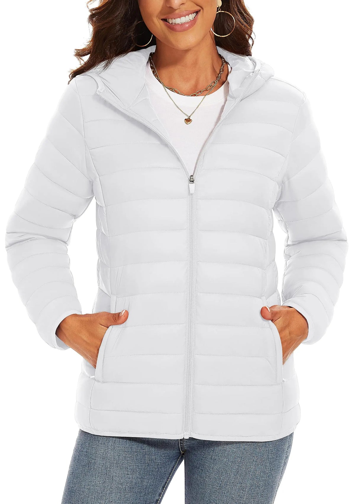 TACVASEN Full Zip Up Hooded Puffer Jacket Womens Winter Quilted Warm Coats Casual Windbreaker Padded Lightweight Outdoor Outwear