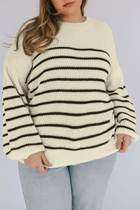 Khaki plus Size Striped Drop Shoulder Puff Sleeve Sweater