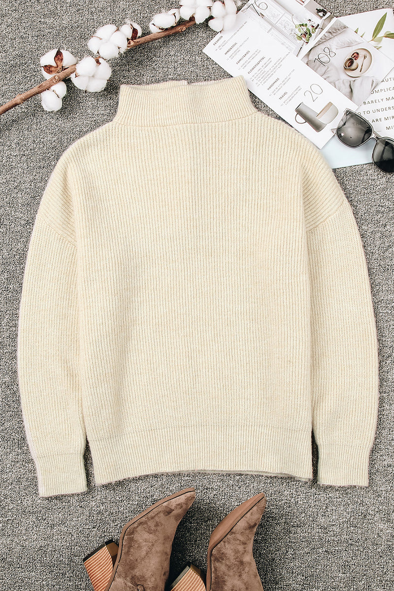 Khaki Buttoned Turn Down Collar Comfy Ribbed Sweater