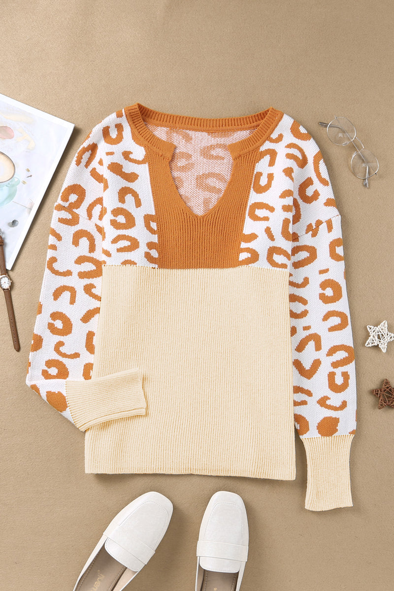 Orange Colorblock Leopard V Neck Sweater