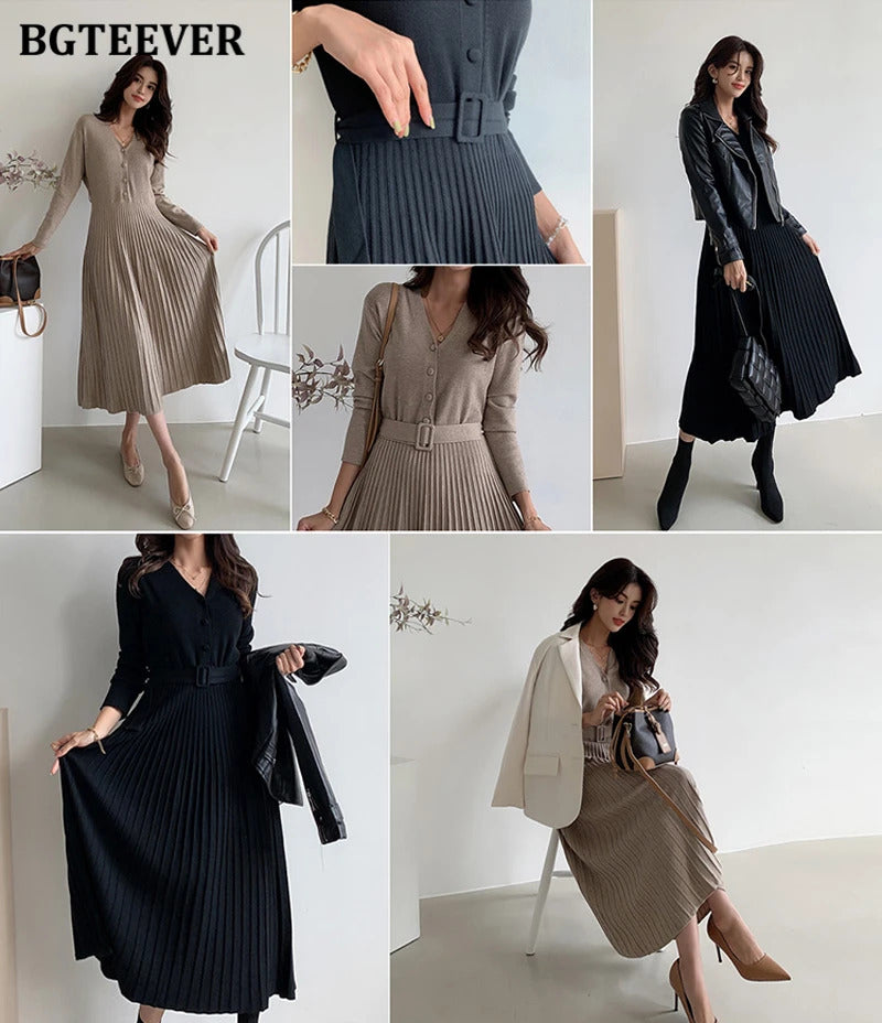 BGTEEVER Elegant V-neck Single-breasted Women Thicken Sweater Dress 2021 Autumn Winter Knitted Belted Female A-line soft dresses