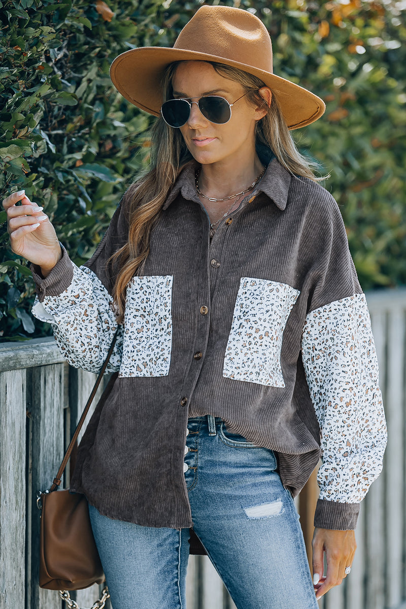 Gray Leopard Patchwork Corduroy Buttoned Shirt Jacket