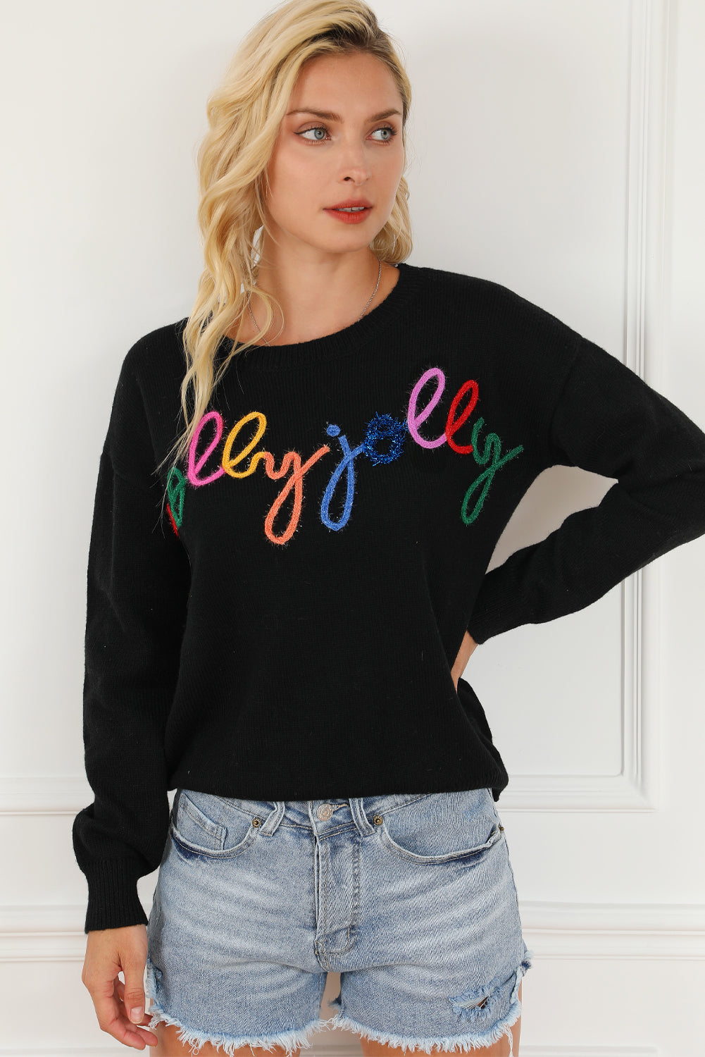 Black Holly Jolly Round Neck Casual Sweater