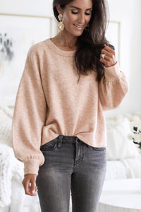 Pink Ribbed Trim Balloon Sleeve Sweater