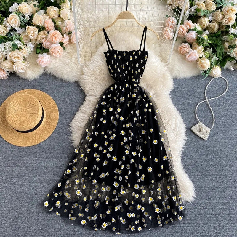 YuooMuoo Women Dress 2024 New Korean Fashion Floral Print Spaghetti Straps Mesh Party Dress Vacation Style Lady Beach Vestidos