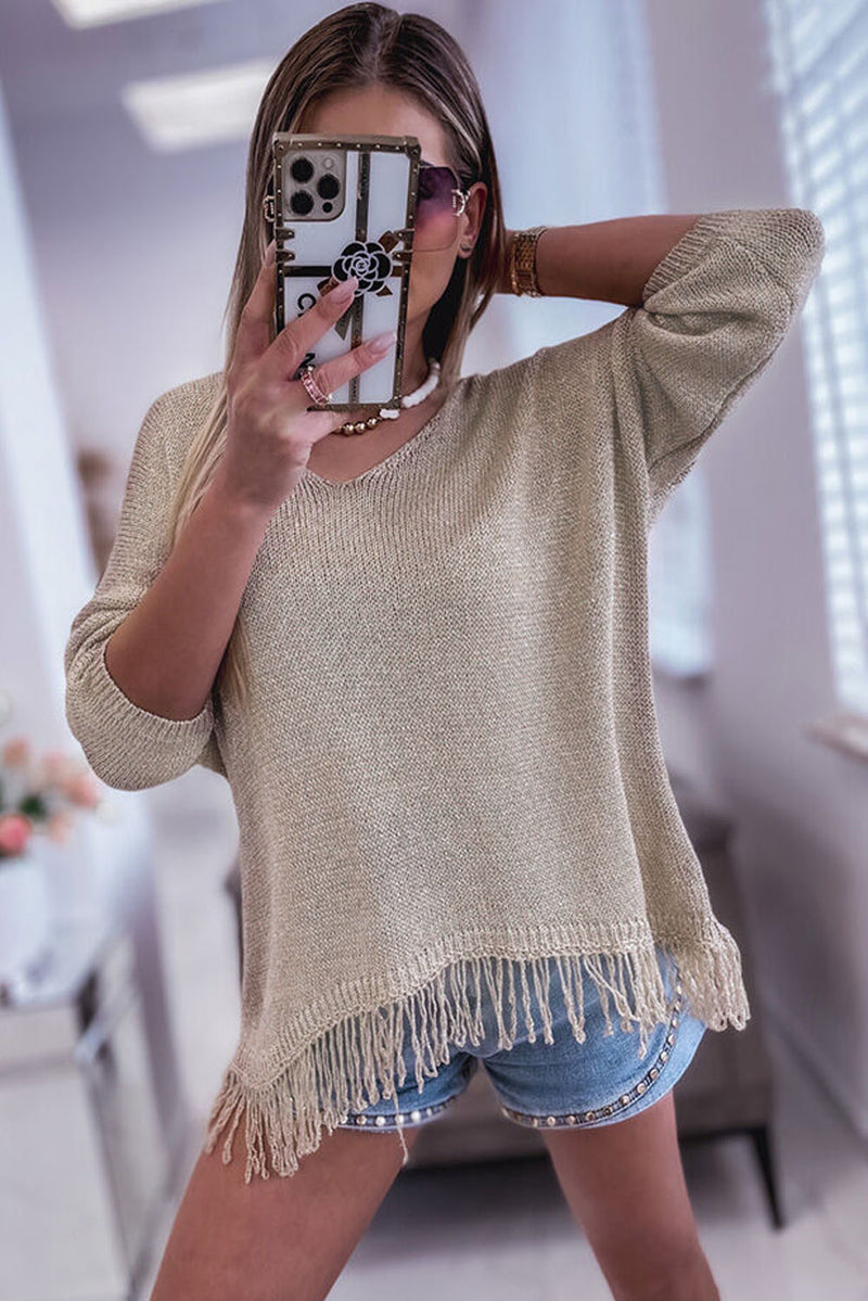 Khaki Lightweight Knit Fringe Hem Loose Sweater