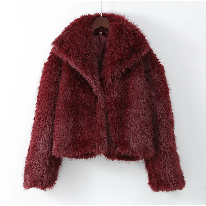 Fashion Burgundy Red Fluffy Faux Fur Short Coats Women Solid Lapel Full Sleeve Warm Jacket Winter New Chic High Street Outerwear