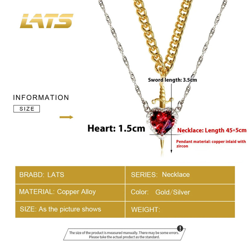 LATS 2pcs Can Be Assembled Heart and Sword Zircon Pendant Necklace for Women Men Couple Silver Gold Plated Choker Chain Jewelry