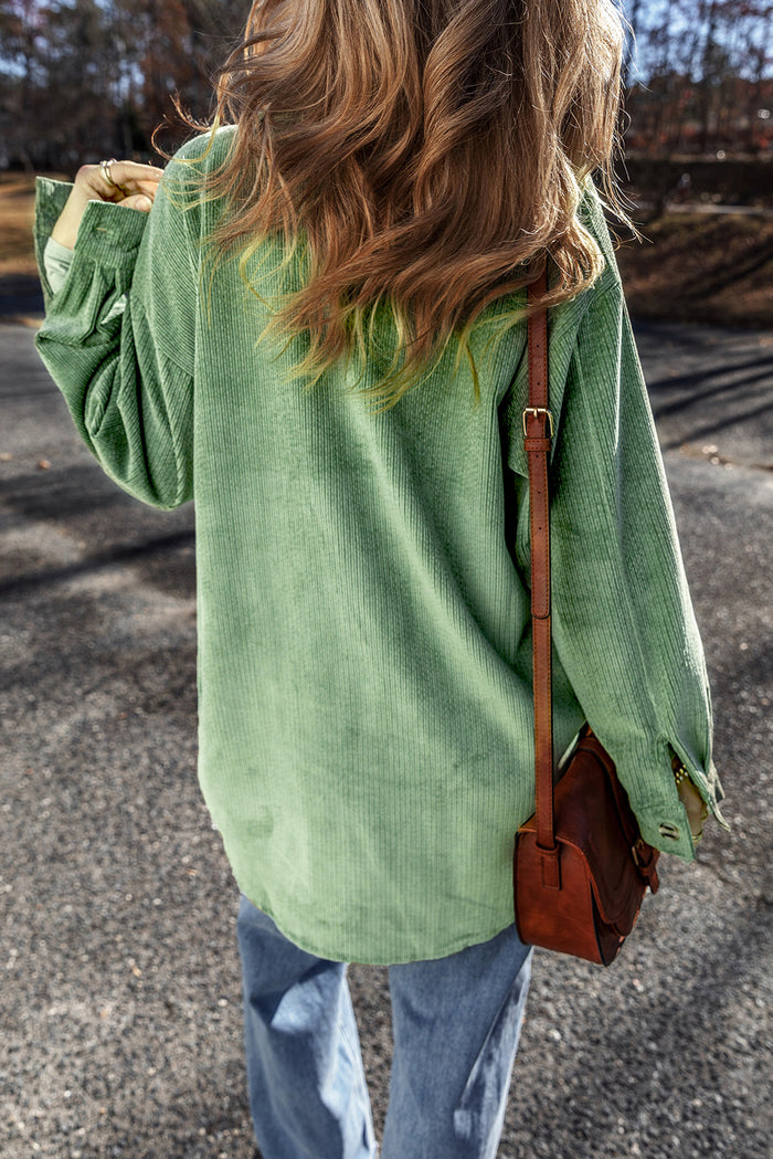 Mist Green Patched Pocket Button Up Corduroy Shacket