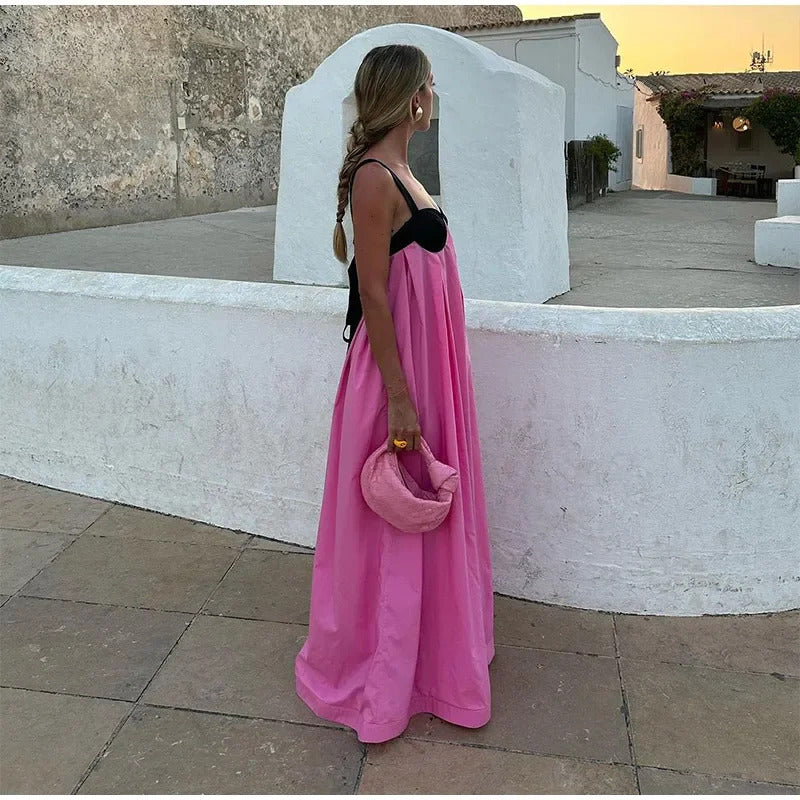 Fashion High Waist Patchwork Loose Sling Robes Women Backless Sleeveless Maxi Dress Fashion Casual Vacation Party Long Dresses