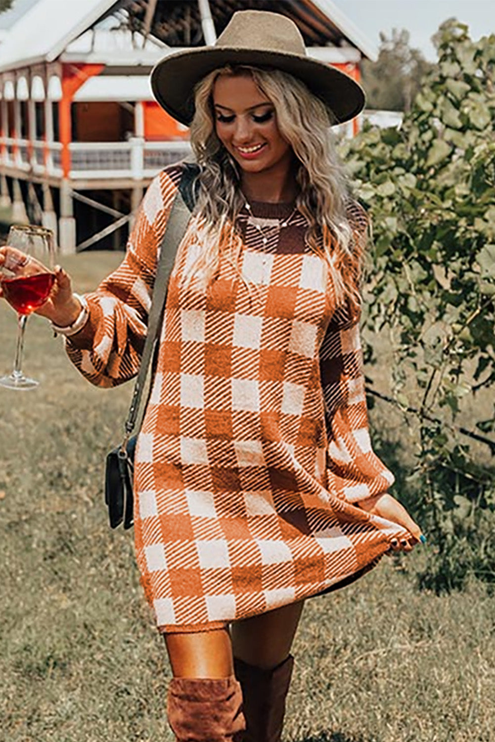 Orange Plaid Sweater Dress