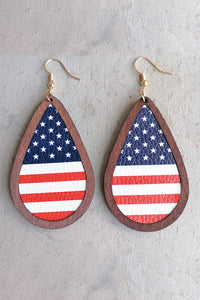 Blue Wood Frame Leather Flag Earrings