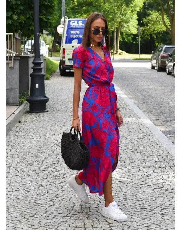 Woman's S-2XL size Summer Fashion New Floral Printed Mid-Length V-Neck Dress Split Vacation Style Dresses