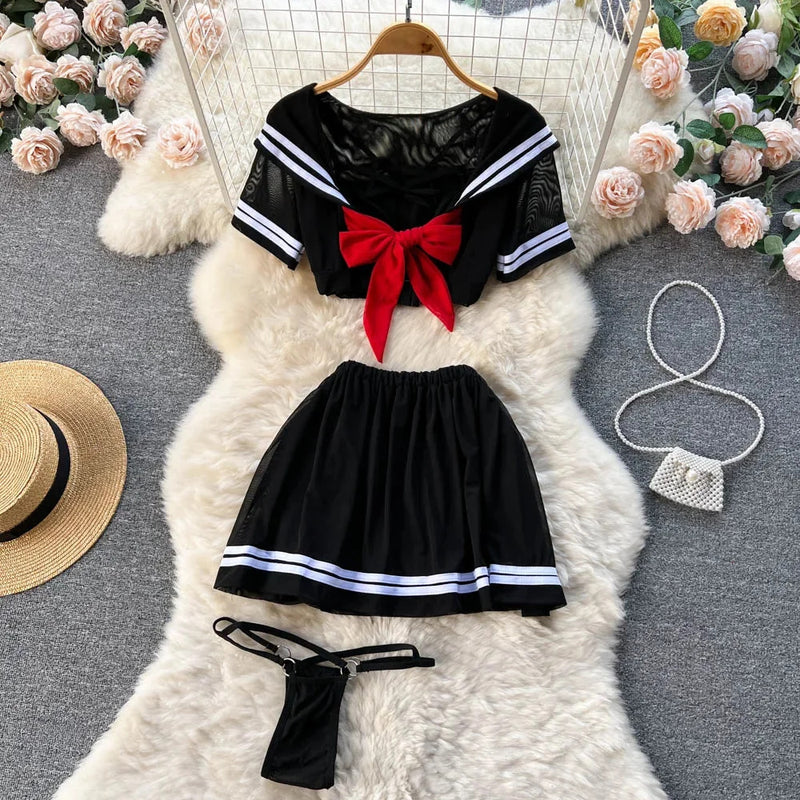 Strap Bow Hot Women Nightwear Mesh Sexy Night Dress Thin Tansparent Lace Pajamas Dress+Thong 2024 Lady Romantic Backless Nightie