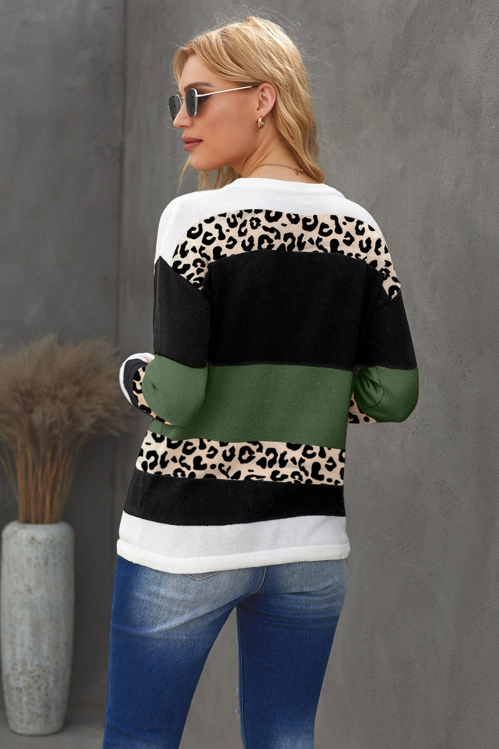 Green Crewneck Leopard Color Block Knit Pullover Sweater