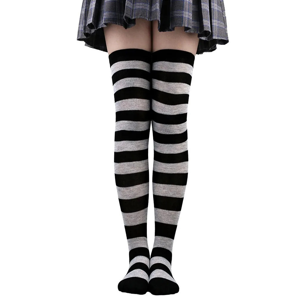 Color Striped Stockings Japanese Over Knee Socks Fashion Women Keep Warm Soks Sexy Slim Long Soks Black White Striped Hosiery