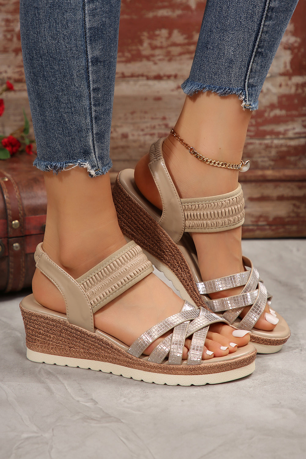 Beige Criss Cross PU Leather Platform Sandals