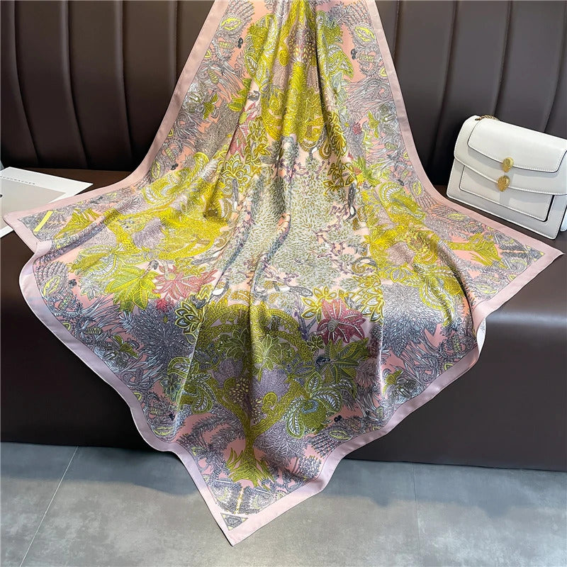 90cm Silk Twill Square Scarf For Women Spring Print Hair Band Hijab Foulard Sunsceen Neckerchief Shawl Wraps Echarpe New