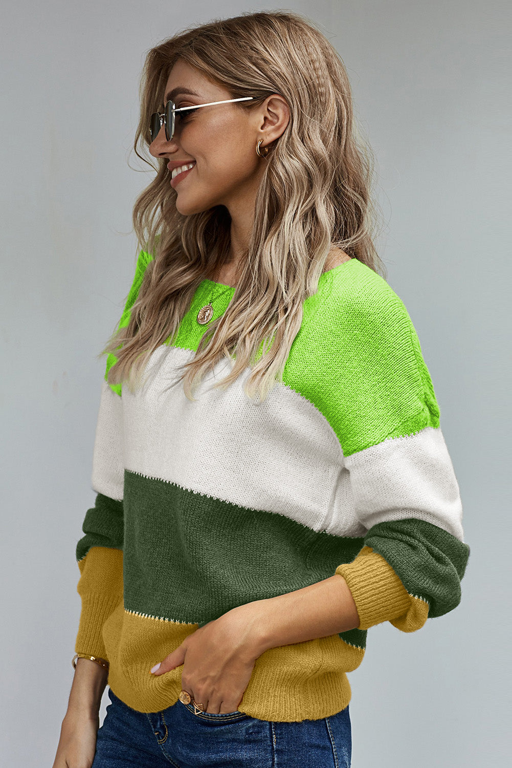 Green Pullover Colorblock Winter Sweater