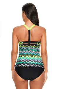 Green Yellow Zigzag Print Y Back Tankini Top