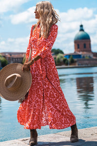 Tomato Red Printed 3/4 Sleeve V Neck Shirt Long Dress with Belt