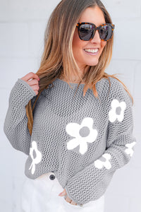 Light Grey Big Flower Hollowed Knit Drop Shoulder Sweater