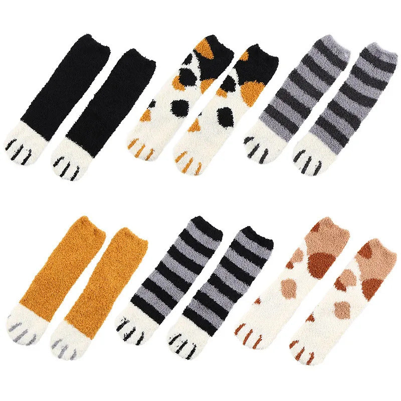 6 pairs Woman socks Set Cartoon Cute 3D Dog Cat Paw Pattern Winter Female Fleece Warm Home Floor Sleeping Thick Socks Wholesale