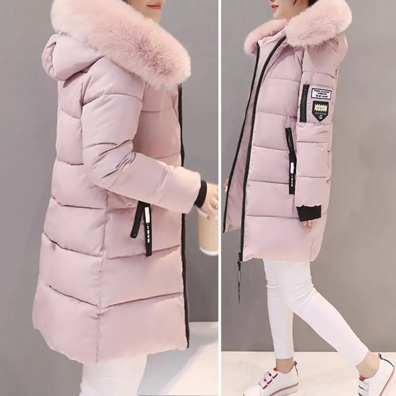 Fashion Women Winter Cotton Coat Parka Thickened Padded Stuffed Hooded Mid Length Warm Zip Up Slim Lady Down Coat Long Overcoat