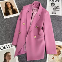 Solid Casual Coat Metal Buckle Small Suit Jacket Women Clothing Summer Double Breasted Office Lady Elegant Blazers Thin Autumn