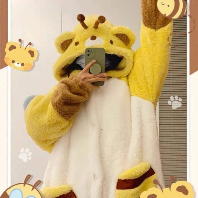 Women Cute Robe Plush Thick Sleepwear Thickened Warm Flannel Cartoon Sleeping Bag Animal One-Piece Pajamas Men Women Homewear