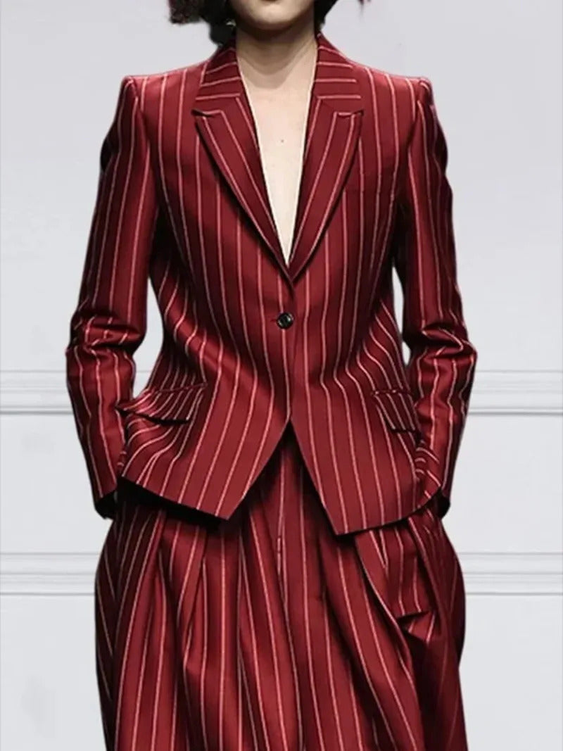 Beautyblue Blazer Set Women Notched Collar Outerwear Striped Trousers New Vintage Loose Wide Leg Long Sleeves Suit Costume Femme