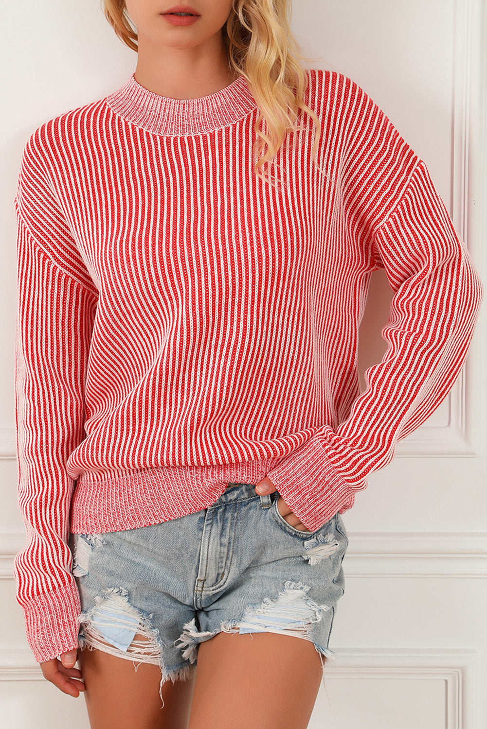 Striped Print Ribbed Trim Round Neck Sweater