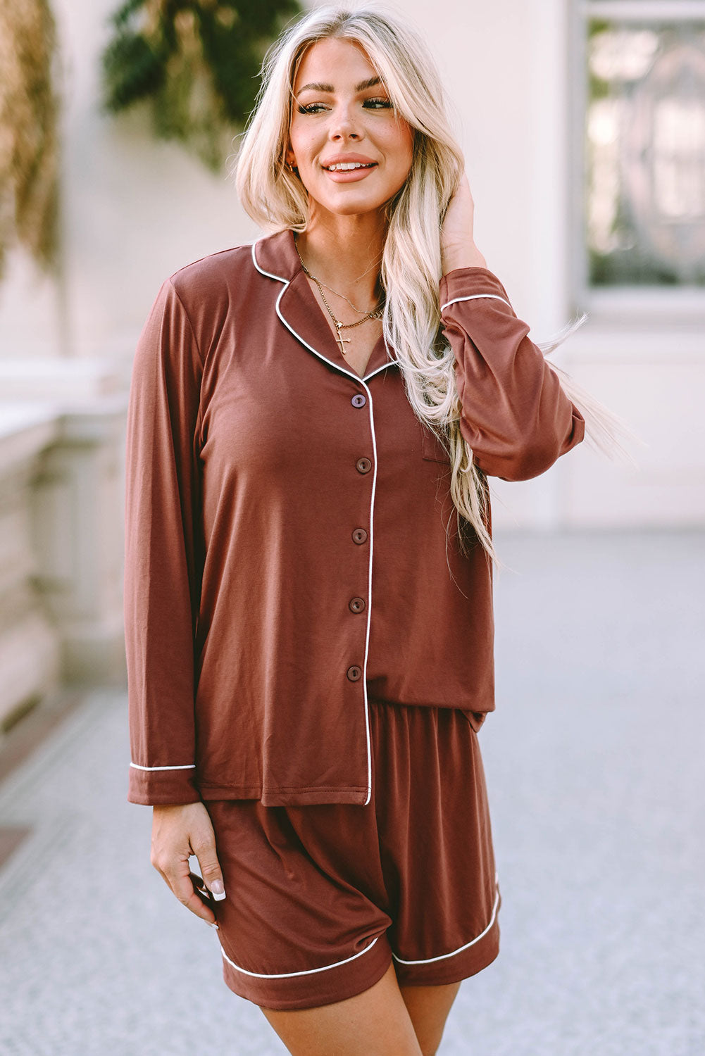 Brown Contrast Pipings Long Sleeve Shorts Pajamas Set