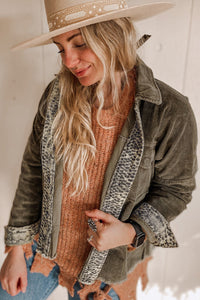 Gray Contrast Snakeskin Trim Pocketed Corduroy Jacket