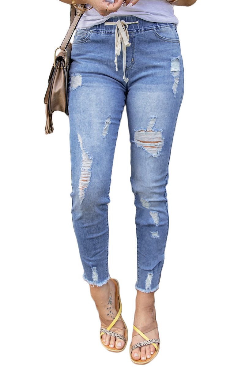 Sky Blue Drawstring Elastic Waist Hole Ripped Jeans