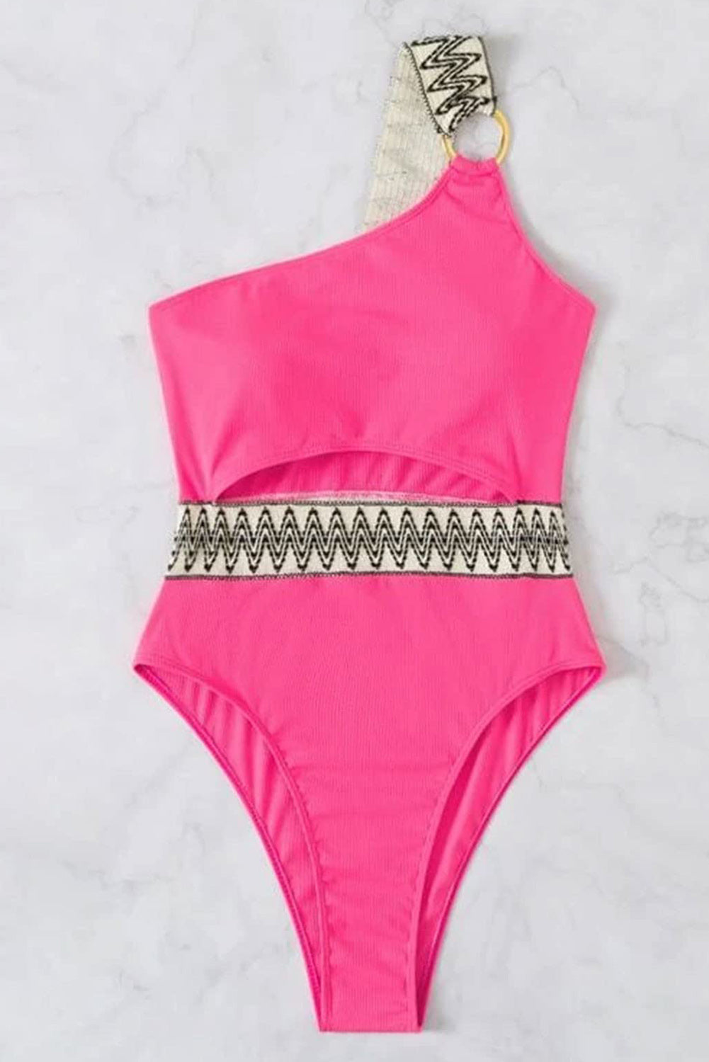 Bright Pink Contrast Trim Cut out One Shoulder One Piece Swimsuit